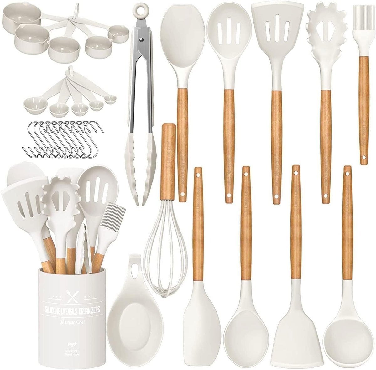 Kitchen Cooking Utensils Set, 33 pcs Non-stick Silicone Cooking Kitchen Utensils Spatula Set with Holder, Wooden Hand...